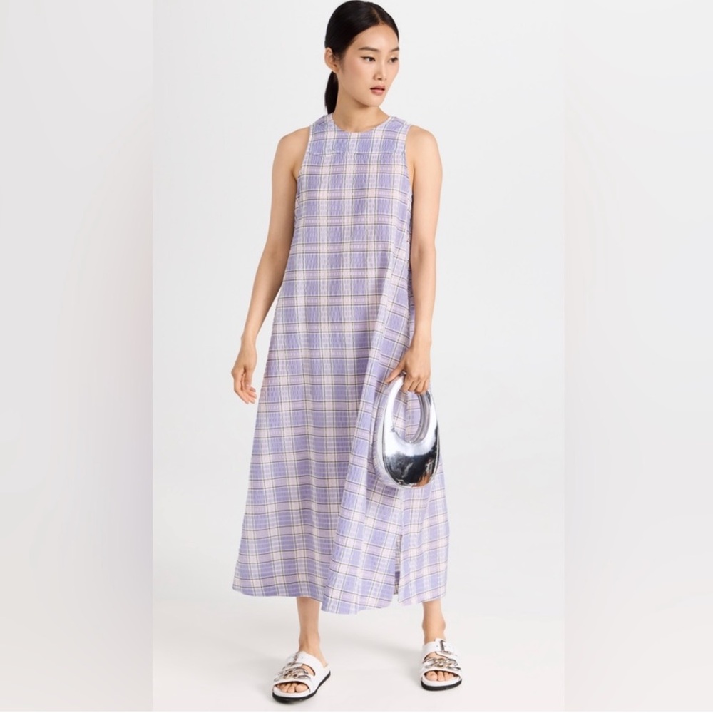 GANNI Seersucker Check Maxi Dress In Check Persian Violet, Size 36 - Picture 2 of 9